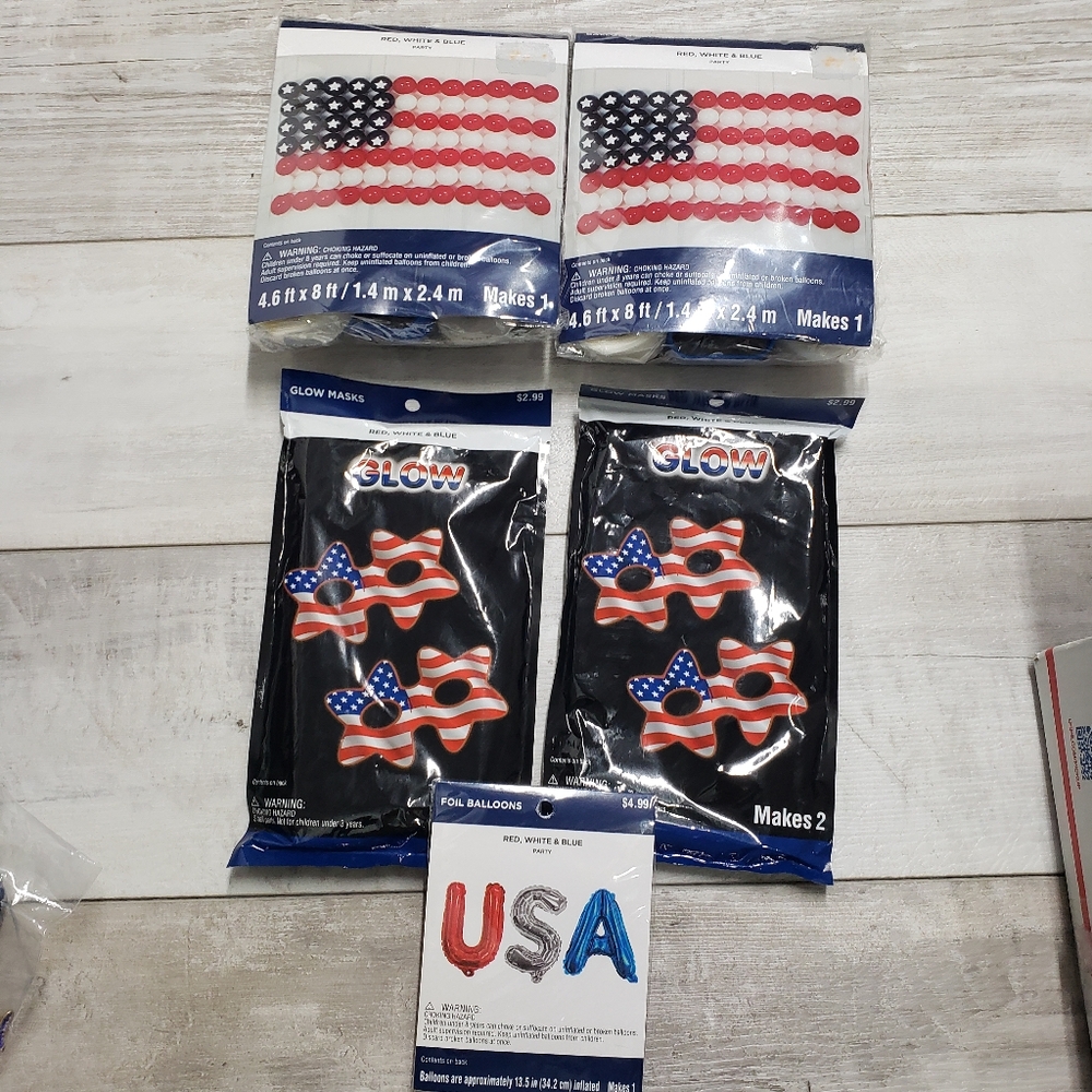 Red White & Blue Balloon Stripes Glow Mask USA Foil Balloon Patriotic Sets of 5